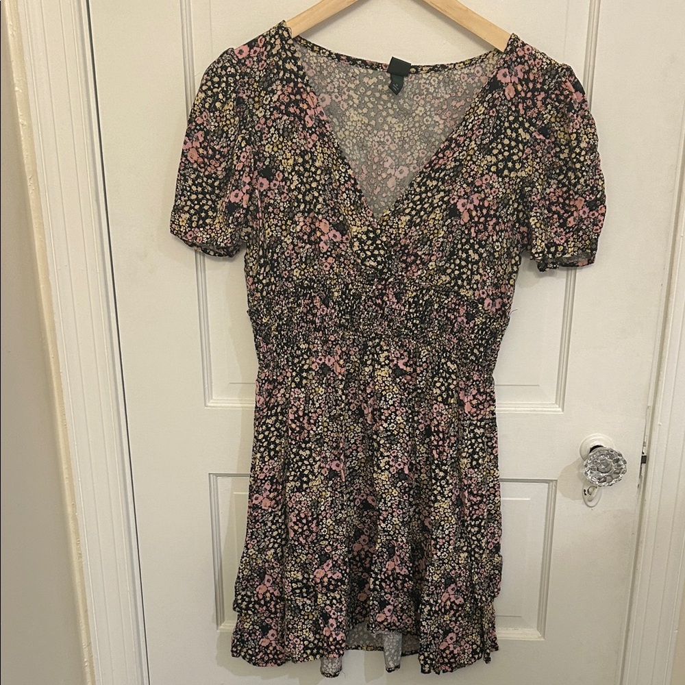 🛍 2/$18 wild fable Black Floral Mini Dress with Pink and Yellow Accents